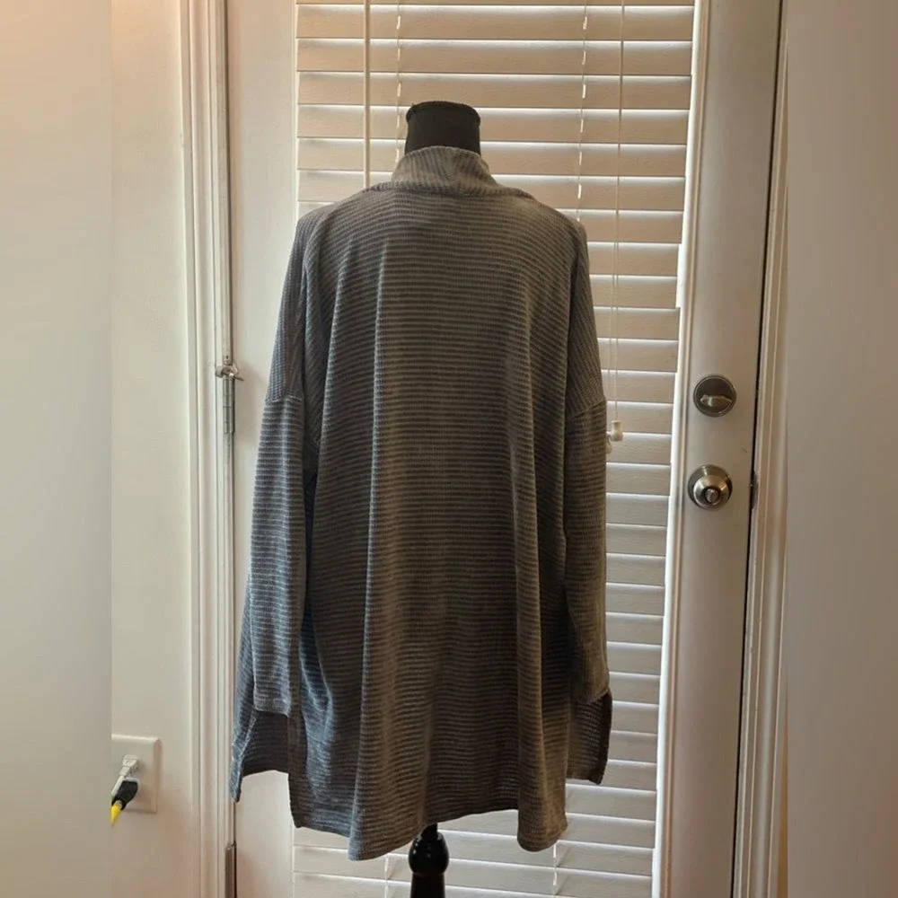 Charcoal Grey Ribbed Open Front Cardigan with Pockets and Side Slits Relaxed Fit